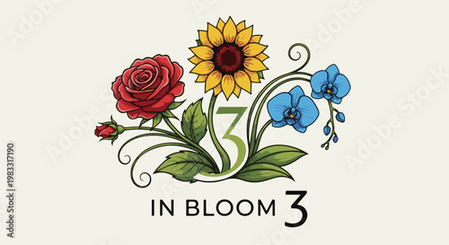 Artistic arrangement of a rose, sunflower, and blue orchids with green foliage and a number three