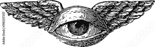 winged eye symbol with vintage black ink engraving mystic, surreal, occult and fantasy illustration