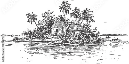 Tropical island with palm trees and wooden huts surrounded by calm ocean water, vintage sketch