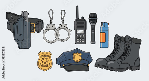 Collection of law enforcement equipment including a pistol, handcuffs, and boots