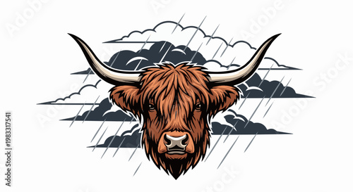 Fierce highland cow with large horns against stormy clouds