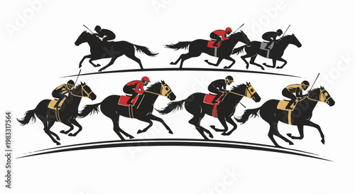 Horse race in silhouette, jockeys racing on horseback with speed and motion