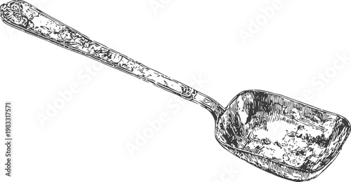 Vintage metal scoop with long handle, detailed black and white engraving illustration