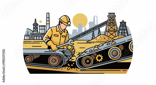 Industrial worker repairs heavy machinery with a wrench at a mine site