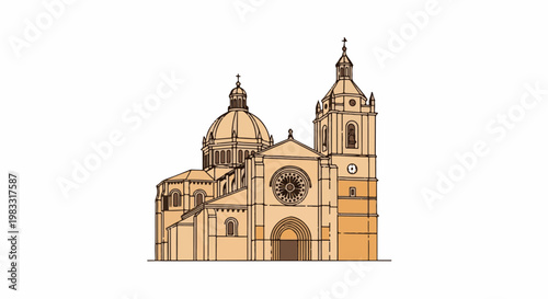 Illustration of a large, tan cathedral with two domed towers and a clock