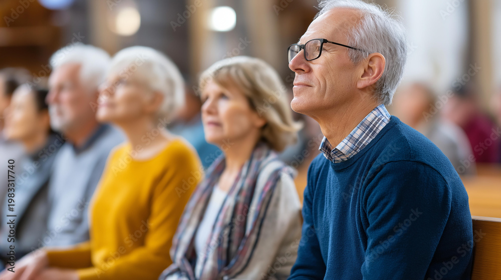 Fototapeta premium People attending a religious service seated together in a church, community faith gathering concept, worship photography, defocused background, with copy space