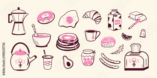 Hand-drawn illustration of a breakfast set. Vector flat modern illustration.