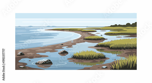 Pixelated marshland scene with calm water, grassy islands, and distant shore