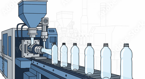 Plastic bottle manufacturing line with automated machinery and conveyor system