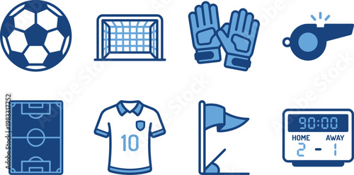 Soccer equipment icons set ball goal gloves whistle and more