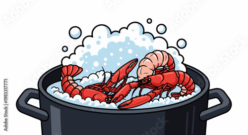 Red lobsters and shrimp cooking in a bubbly pot of water