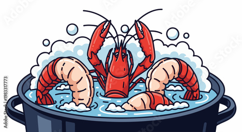 Red crustaceans and shrimp boiling in a pot of blue water