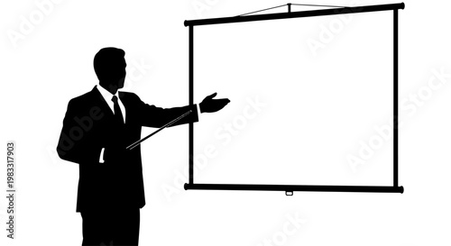 Silhouette of a businessman in a suit pointing at a blank projection screen with a pointer stick.