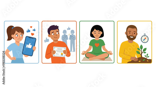 Four illustrated panels depicting different aspects of personal well-being, including social media impact, achievement, meditation, and personal growth.