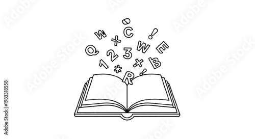Open book with flying letters icon, knowledge spreading concept, minimal flat vector, clean line art, black outline, isolated on white background