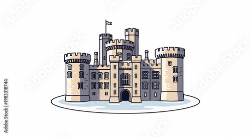 A medieval stone castle with crenellated towers and a central gate