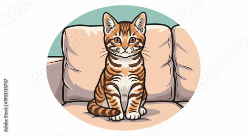 Tabby kitten sits on a cozy couch with light beige cushions, looking forward