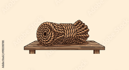 Thick, coarse brown rope coiled tightly on a simple wooden platform