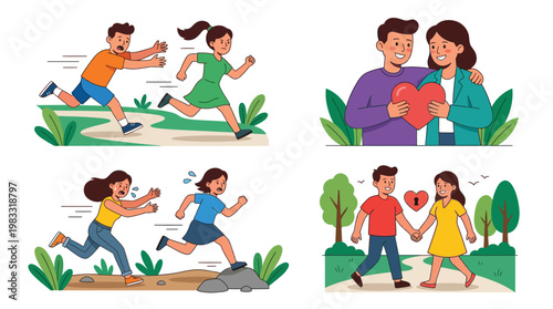 Four panels illustrating various relationship dynamics, including pursuit, love, and heartbreak, with couples interacting in outdoor settings.