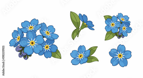 Stylized pixel art of blue forget-me-not flowers and green leaves