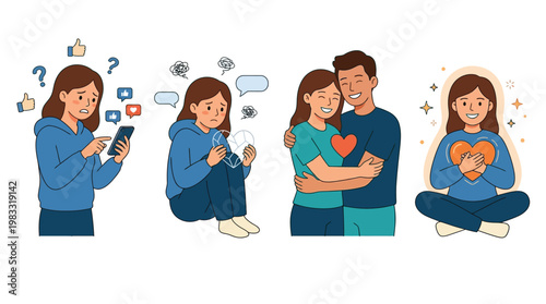 Illustration depicting a young woman's journey from social media anxiety and distress to finding happiness, love, and self-acceptance through real-life connections and inner peace.