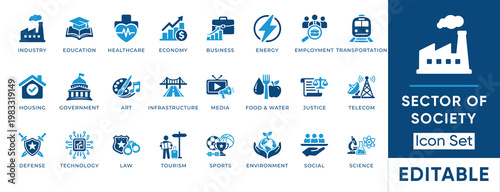Society icon set. Containing factory, school, health, money, work, power, train, house, food, travel and more. Solid vector icons collection.