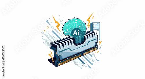 Stylized image of a RAM stick with an AI brain and server racks