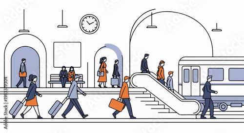 Stylized line art illustration of people with luggage at a train station