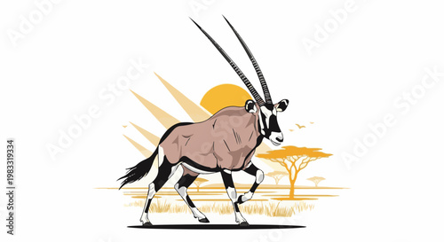 Stylized illustration of an oryx walking across a sunlit savanna