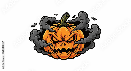 A spooky carved pumpkin with an angry face, enveloped in dark, wispy smoke