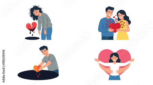Four illustrations depicting different stages of love and heartbreak, including sadness, a happy couple, mending a broken heart, and self-love or support.
