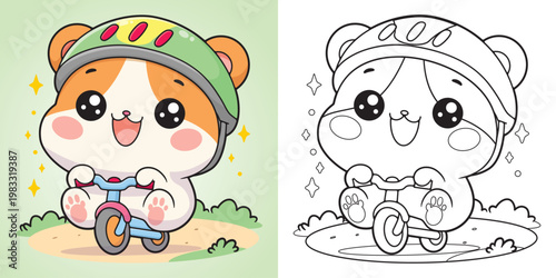 Hamster riding a bicycle with a happy expression. Cute character for kids coloring pages, learning materials, and fun activities. Isolated illustration.
