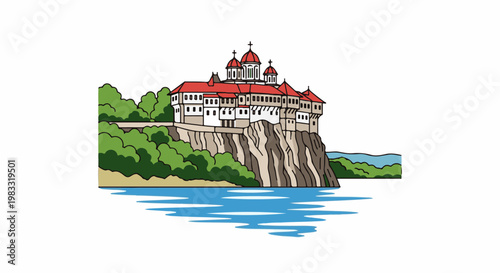 Cliffside monastery with red domes overlooking a blue body of water and trees