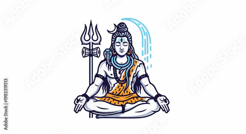 Stylized figure meditating with serpent and trident, water cascades