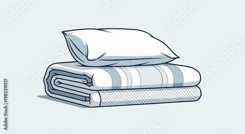 Stacked folded blanket with stripes and a pillow on top