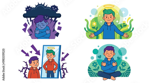 Illustrations depicting various emotional states, mental health journeys, self-reflection, and personal well-being, from sadness to happiness and self-acceptance.