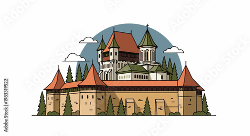 Stylized illustration of a walled complex with multiple towers and spires