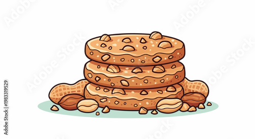 Stacked peanut cookies surrounded by peanuts on a light blue base