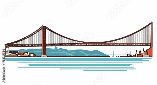 Stylized illustration of a large suspension bridge spanning a body of water