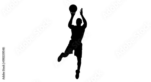 Silhouette of a basketball player in mid-air, about to shoot the ball during a game.