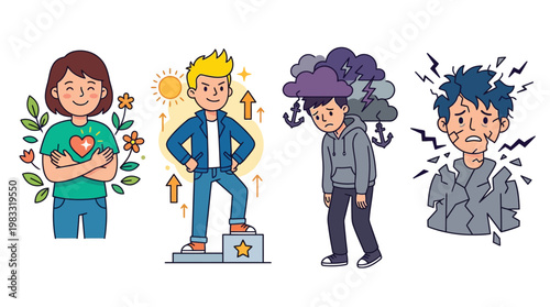 Illustrations depicting various human emotional states including happiness, success, depression, and stress, representing mental health spectrum.