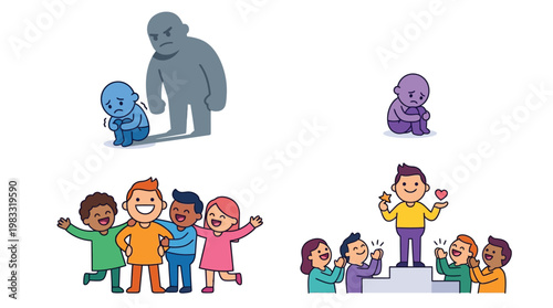 Illustrations depicting contrasting social interactions and emotional states, including bullying, loneliness, friendship, and achievement with support.