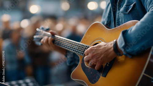 Close-up of a worship leader's hands playing guitar during a modern praise and worship service, Christian music concept, contemporary gospel, blurred congregation background, with copy space