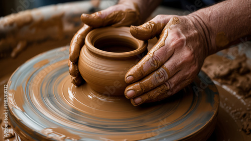 A skilled potter shapes a clay pot on a spinning wheel in a studio