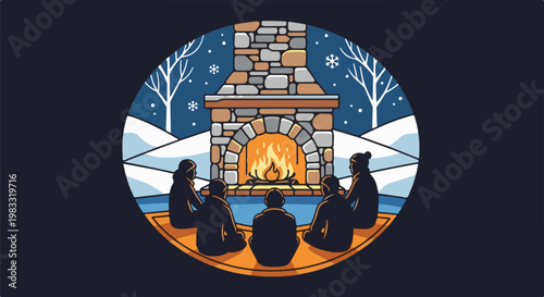 Cozy circle of people around a warm fireplace on a snowy night