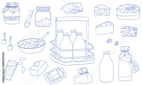 Dairy products mediterranean blue line art collection. Sour cream, milk, yogurt, cheese buratta, brie, cottage cheese. Doodle illustrations for cafe menus, packaging, stickers, branding, food design