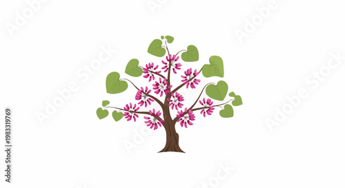 A stylized tree with vibrant pink blossoms and green heart-shaped leaves