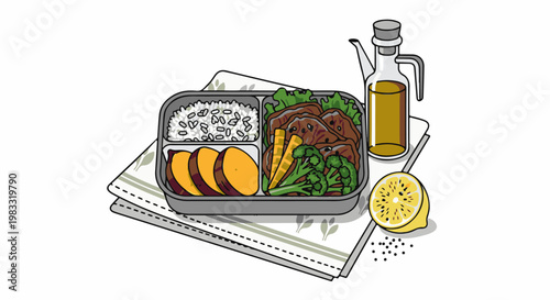 A lunchbox with rice, meat, vegetables, and a lemon slice