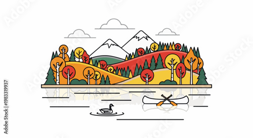 Stylized autumnal landscape with mountains, hills, trees, canoe, and a duck