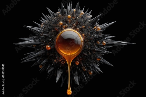 Abstract spiky black sphere with dripping orange amber liquid
